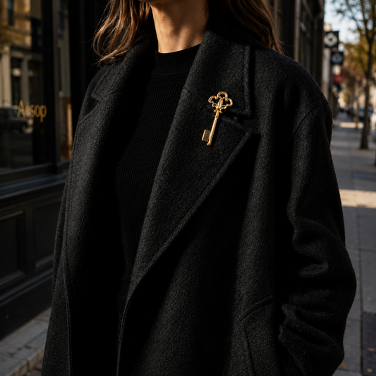 Coro Brooch styled on black cashmere jacket. Worn by a model on a Melbourne street.