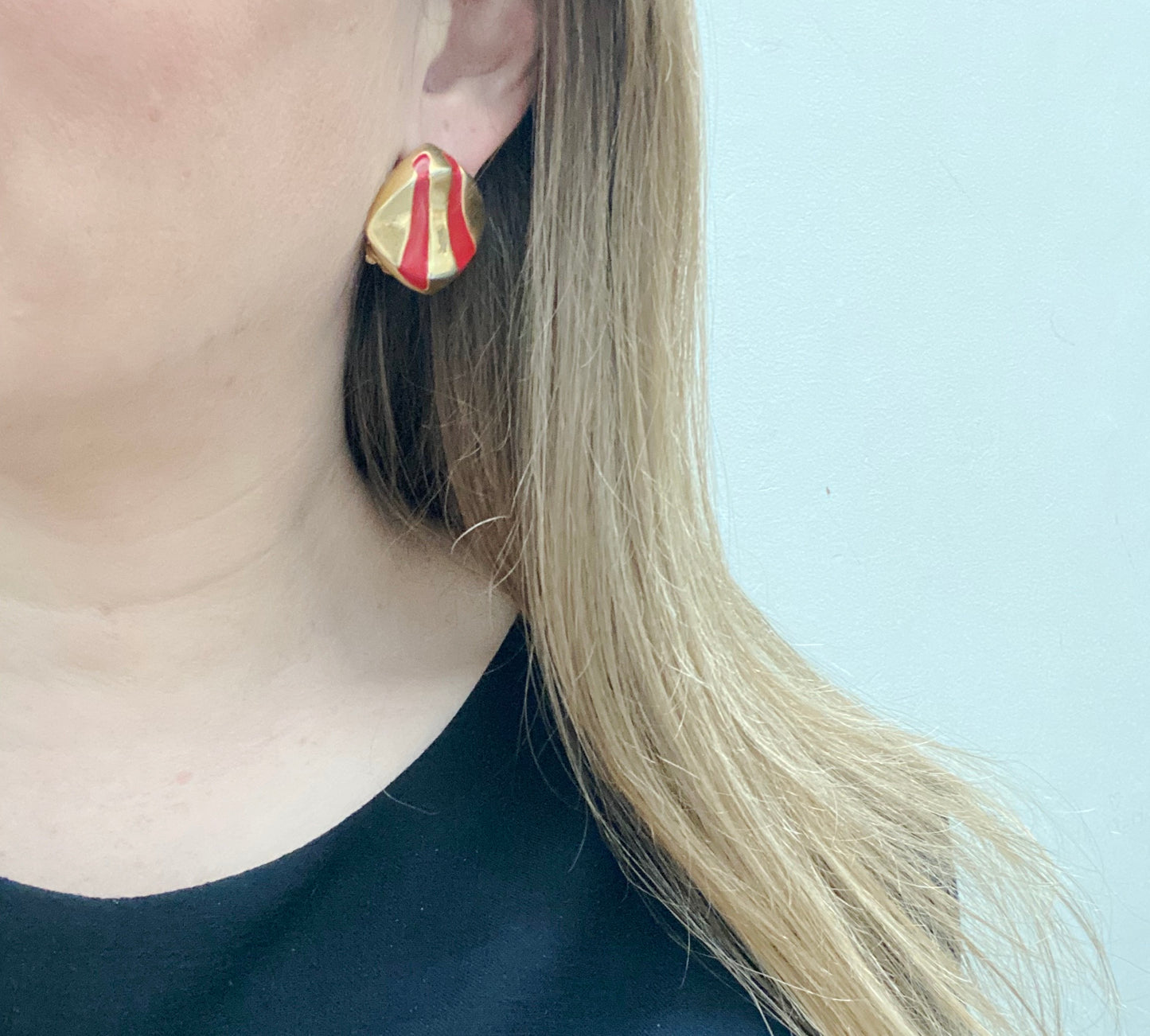 Vintage 1970s Trifari Clip-On Earrings | Red Enamel & Goldtone Statement Jewellery