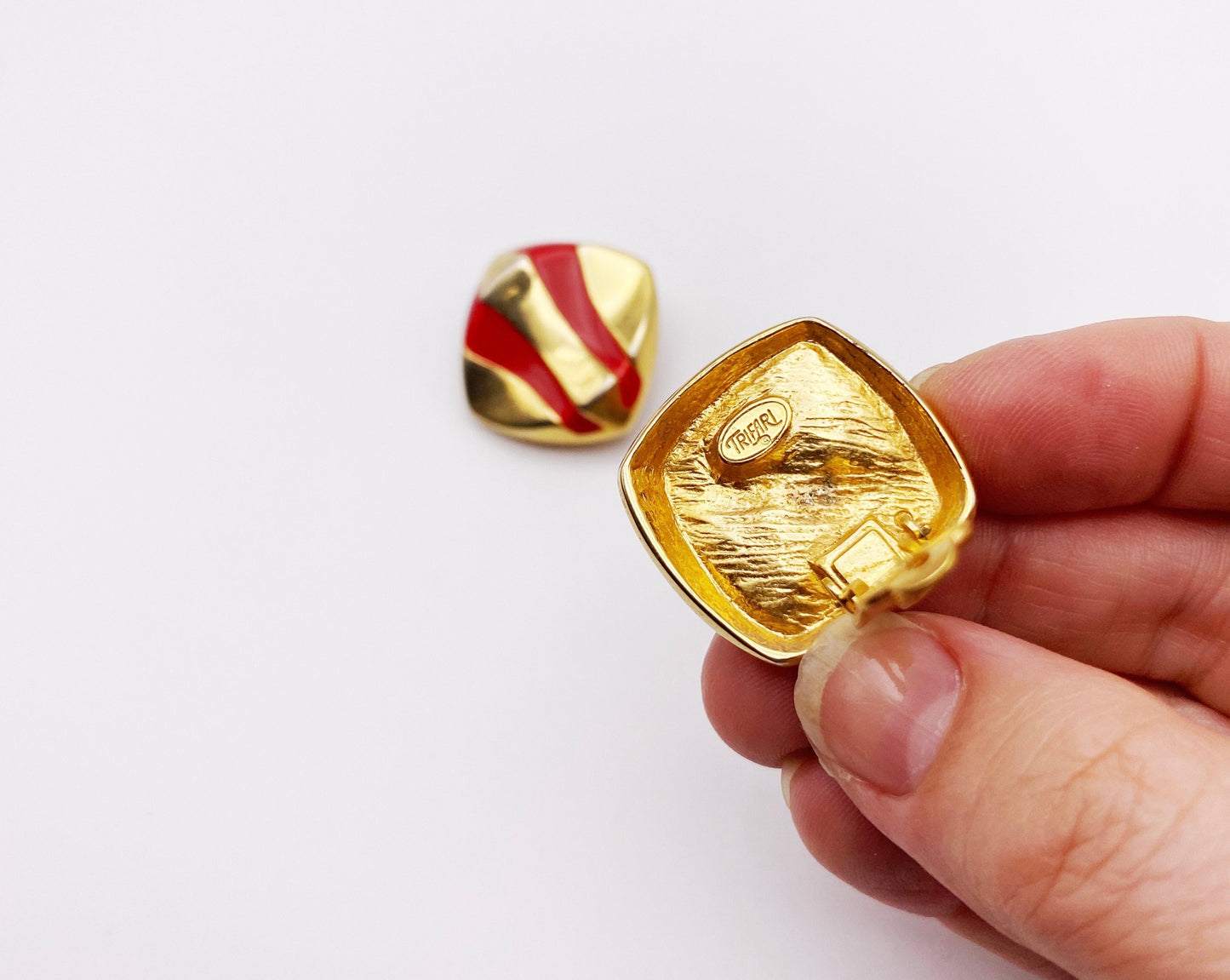 Vintage 1970s Trifari Clip-On Earrings | Red Enamel & Goldtone Statement Jewellery