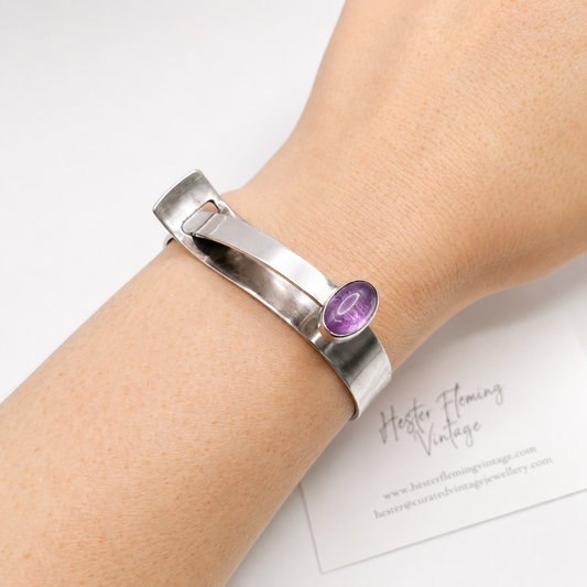 1970s Sterling Silver & Amethyst Bangle. Modernist design. Scandinavian.