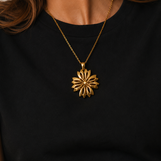 1970s Trifari Pendant styled on a model wearing a black tshirt.