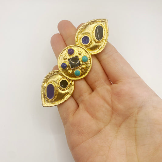 1980s Egyptian Revival brooch with 22kt gold plating and colorful enamel detailing, vintage costume jewellery statement pin