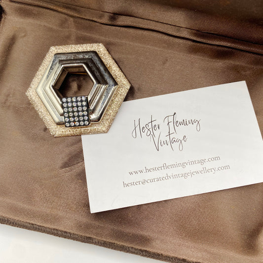 1980s Pink glitter deco style Lucite vintage brooch, with crystal rhinestones. Sourced from London.