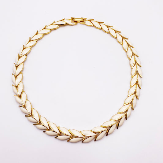 1980s Enamel Leaf Collar Necklace on white background.