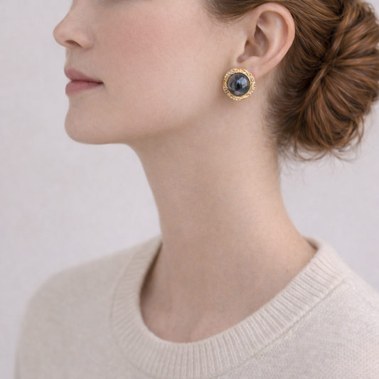 Vintage · 1990s · Hematite Cabochon & Crystal Gold Earrings