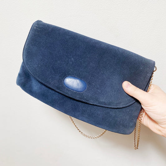 Close up of blue suede vintage bag.