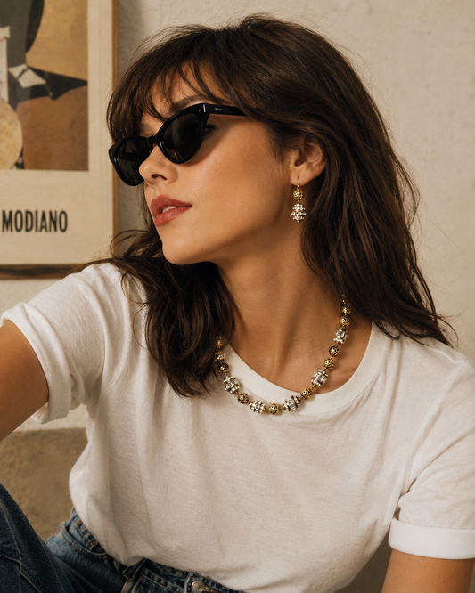 Vintage French Louis Rousselet, necklace and earring set styled on a contemporary model.