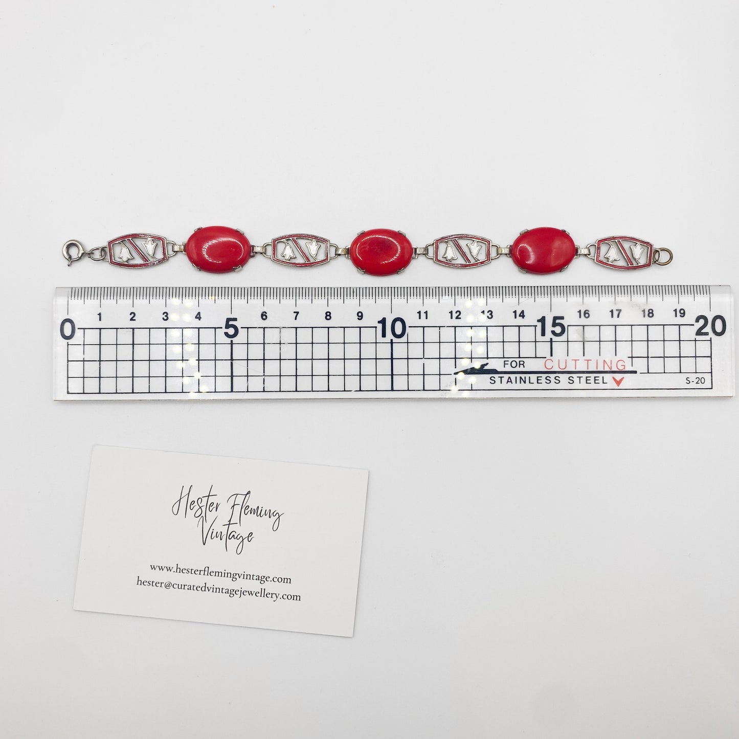 Retro Art Deco Czech bracelet in red glass, silver, and enamel, medium wrist fit, measurement.