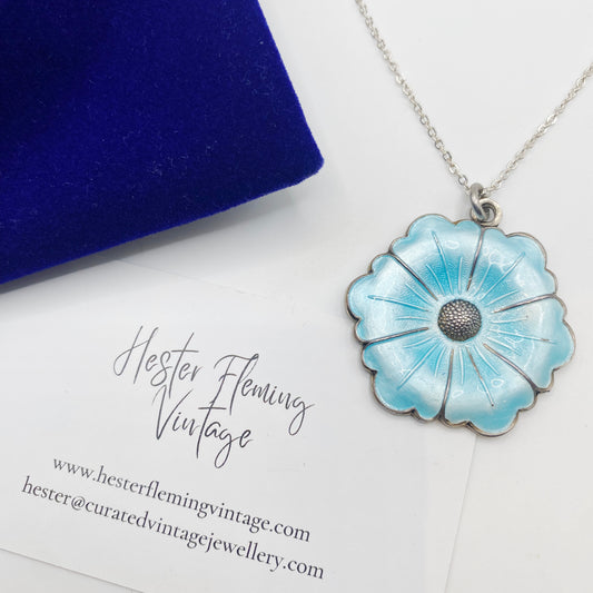 1950s Danish turquoise enamel pansy pendant in silver, large 45mm mid-century floral necklace front view