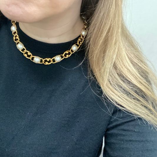 Napier · Late ’80s–Early ’90s · Gilt & Faux Pearl Chain Statement Necklace