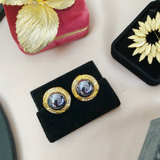 Vintage · 1990s · Hematite Cabochon & Crystal Gold Earrings