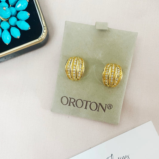 Vintage Oroton Pave Crystal Earrings | 1990s Gold Designer Sparkle