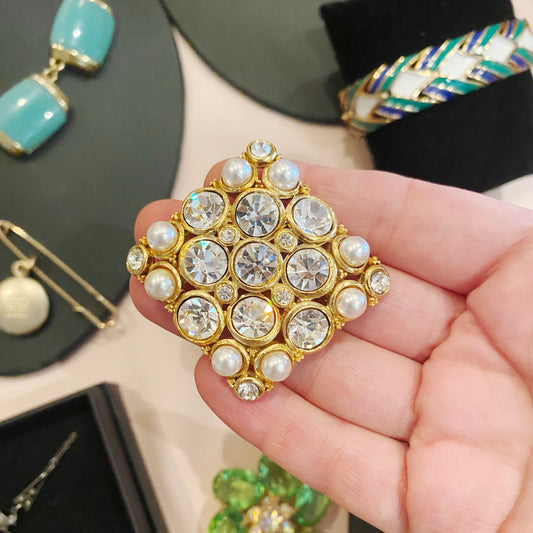 Vintage 1990s · Crystal · Pearl Brooch