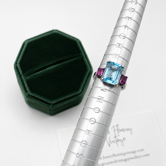 Late 1990s Aquamarine & Ruby Glass Ring. Size K
