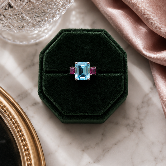 Vintage 90s Aquamarine Ring, set in a green velvet box.