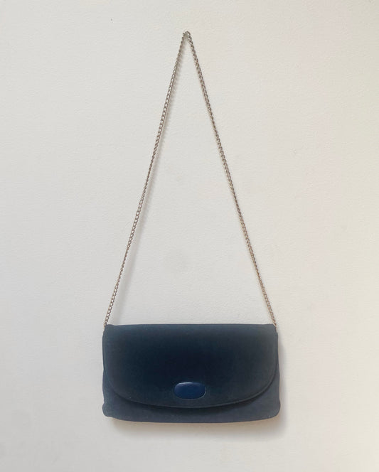 Vintage blue suede evening bag with long gilt strap.
