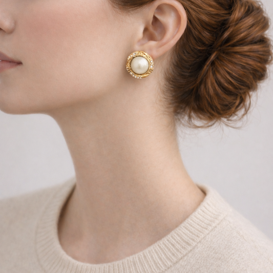 Vintage 90s Pearl & 22kt gold plated earrings, styled on a model.