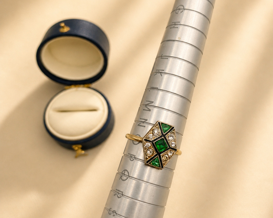 Vintage French Costume Ring, Size O. Shown on a ring sizer.