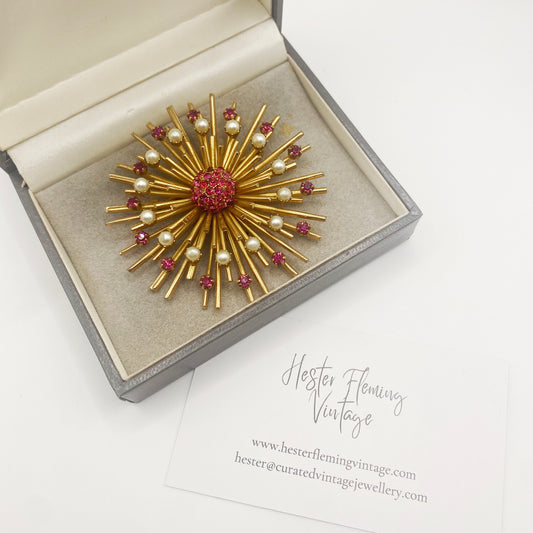 Vintage 1950s Vendome crystal brooch, gold-tone metal with sparkling rhinestones and faux pearls.