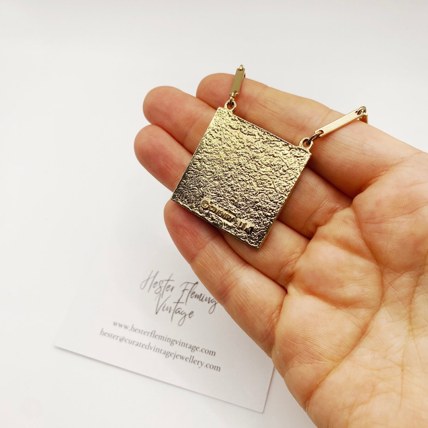 Goldtone square pendant necklace by Sarah Coventry, signed COVENTRY, vintage 70s style.
