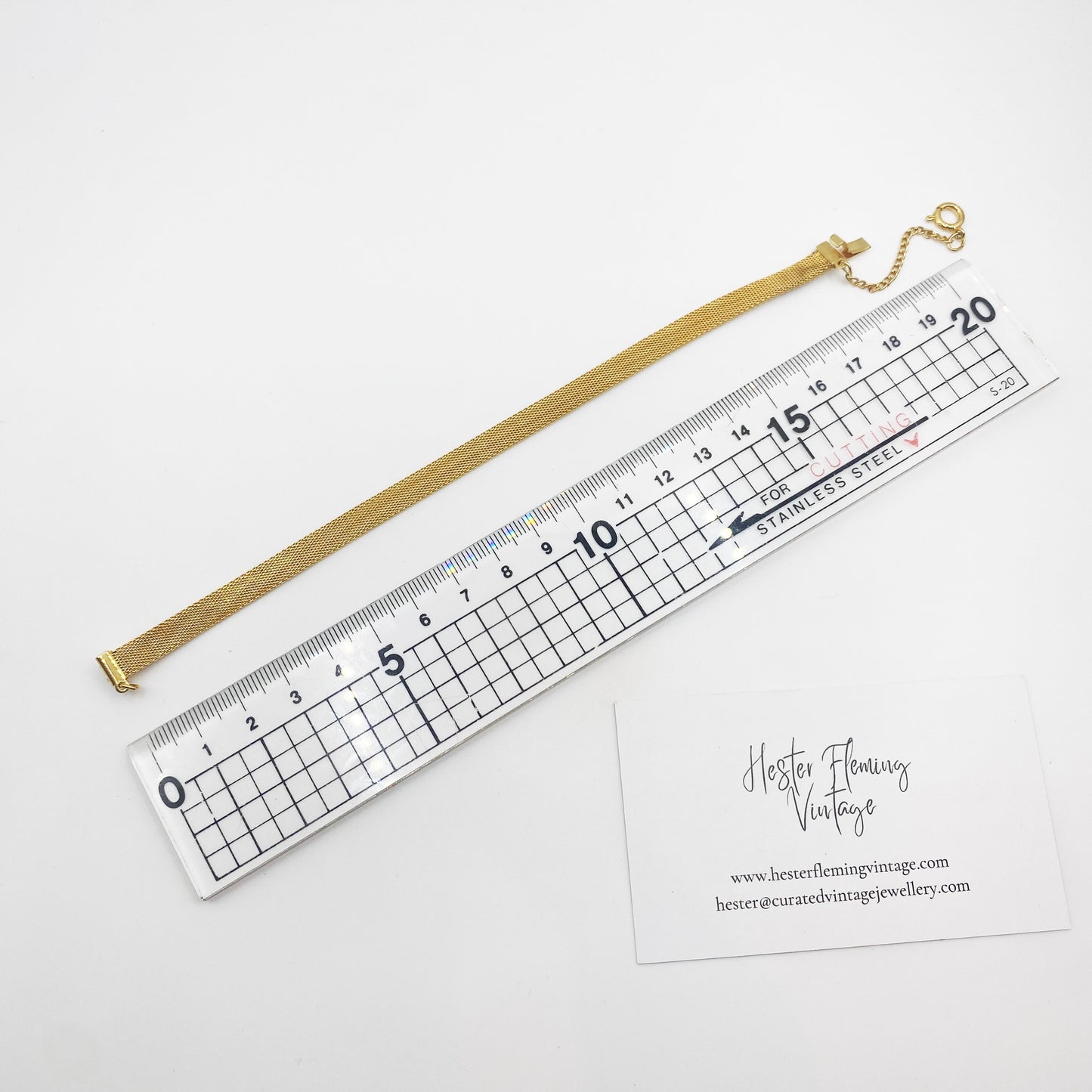 Vintage 1970s gold mesh bracelet with soft gold-plated finish, measurement.