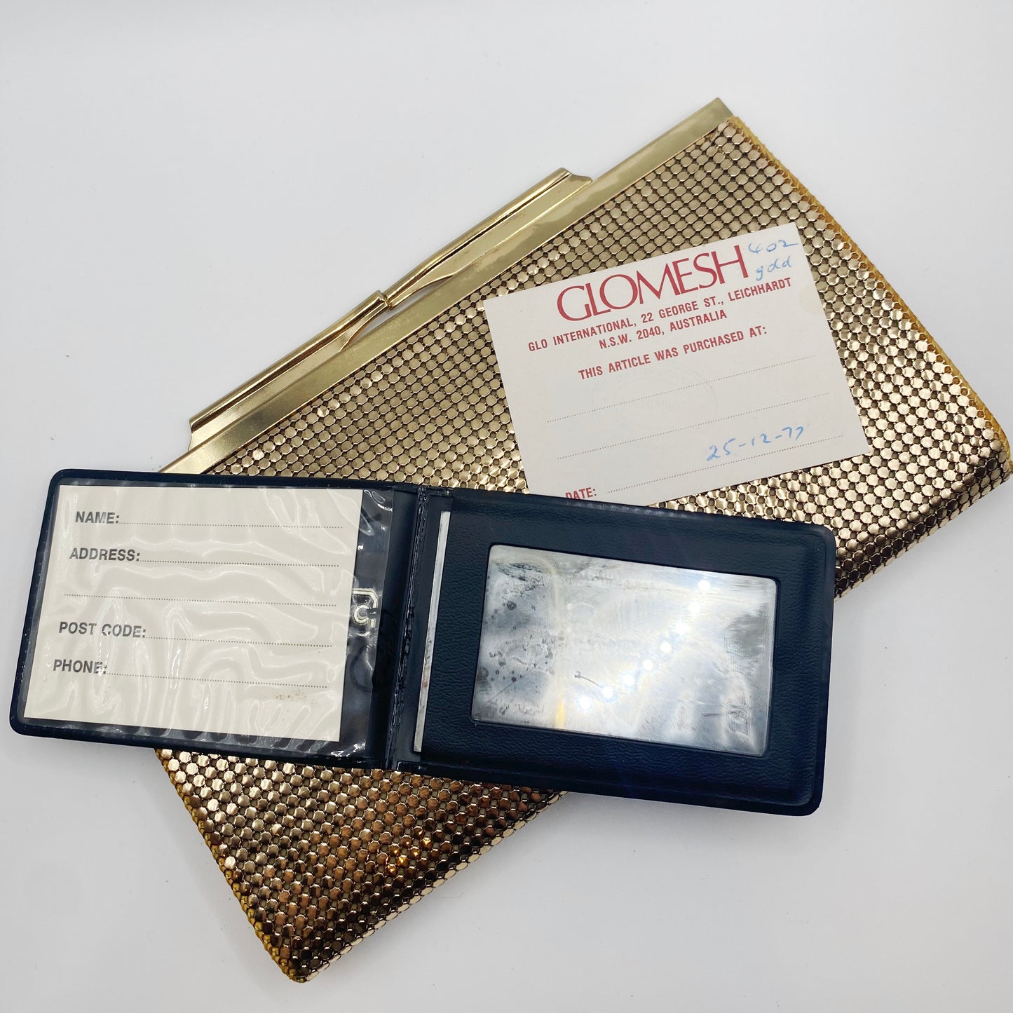 Original Glomesh box and purse mirror with 1977 vintage clutch