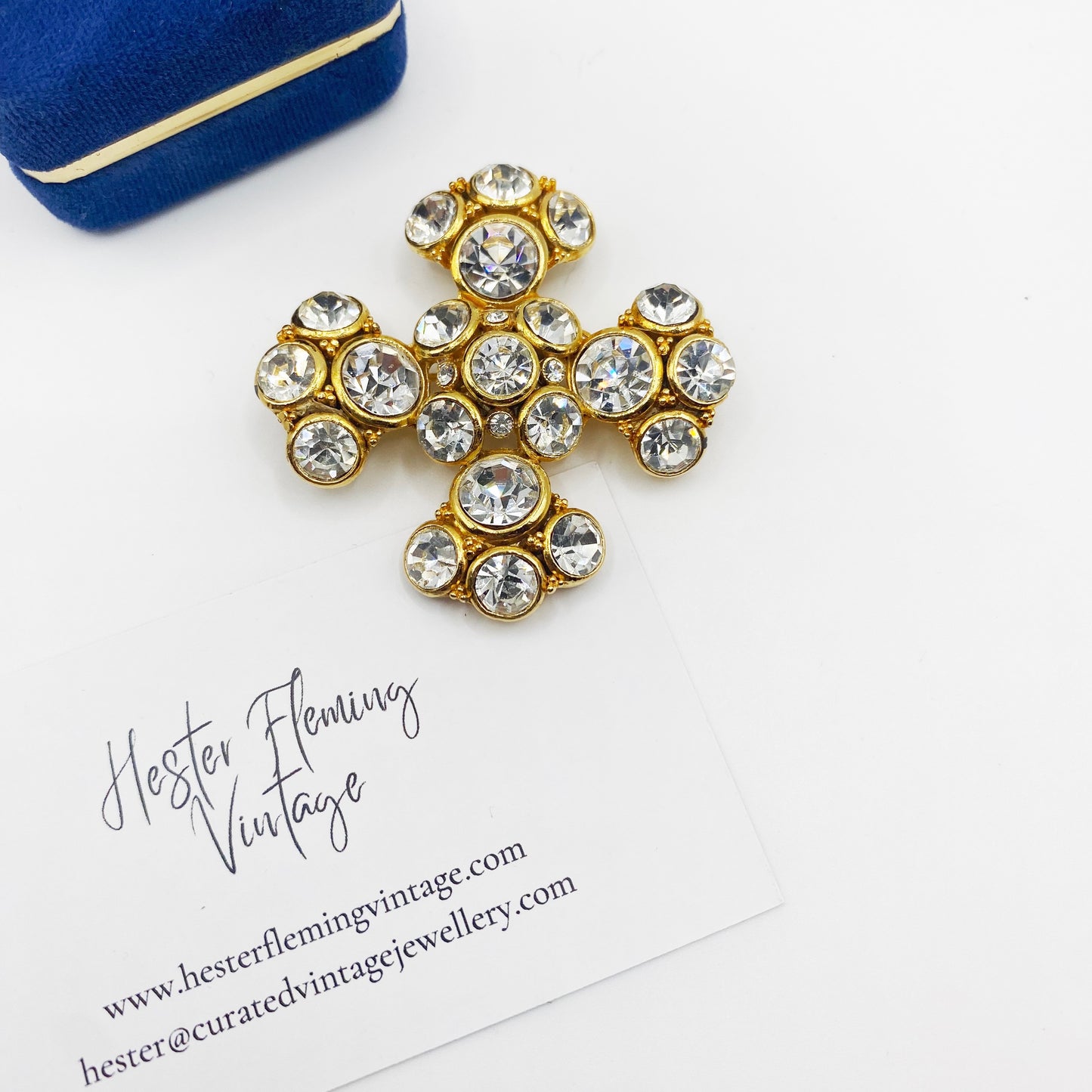 Vintage 1980s Maltese Cross brooch in 22kt gold plating with clear Swarovski crystals.