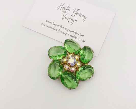 Vintage Juliana D&E brooch with green uranium glass and AB crystals in goldtone setting.