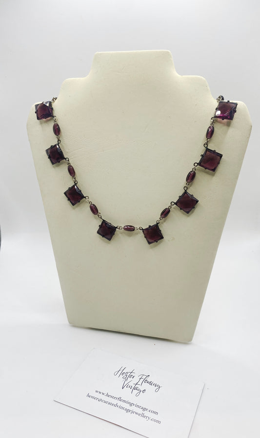 1930s Czech amethyst crystal necklace with square faceted glass stones