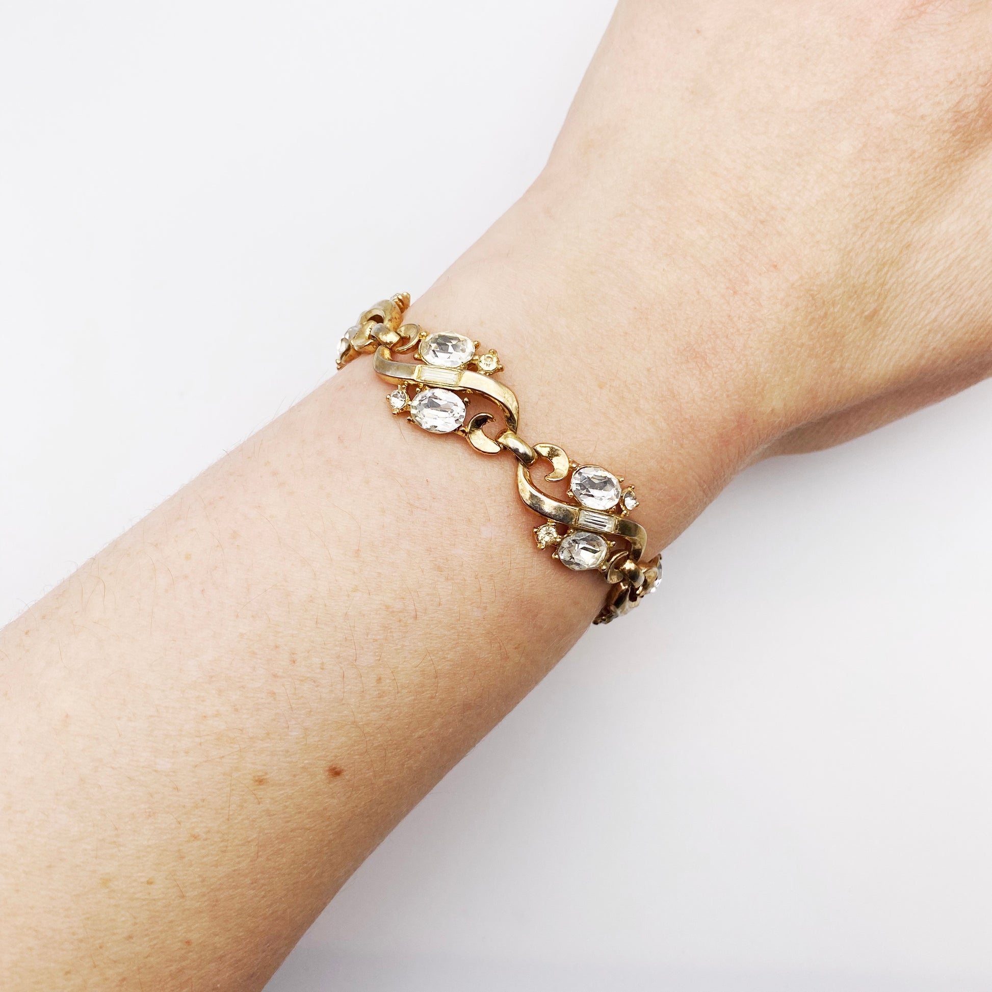 1940s Trifari vermeil bracelet with crystal stones, signed TRIFARI PAT PEND