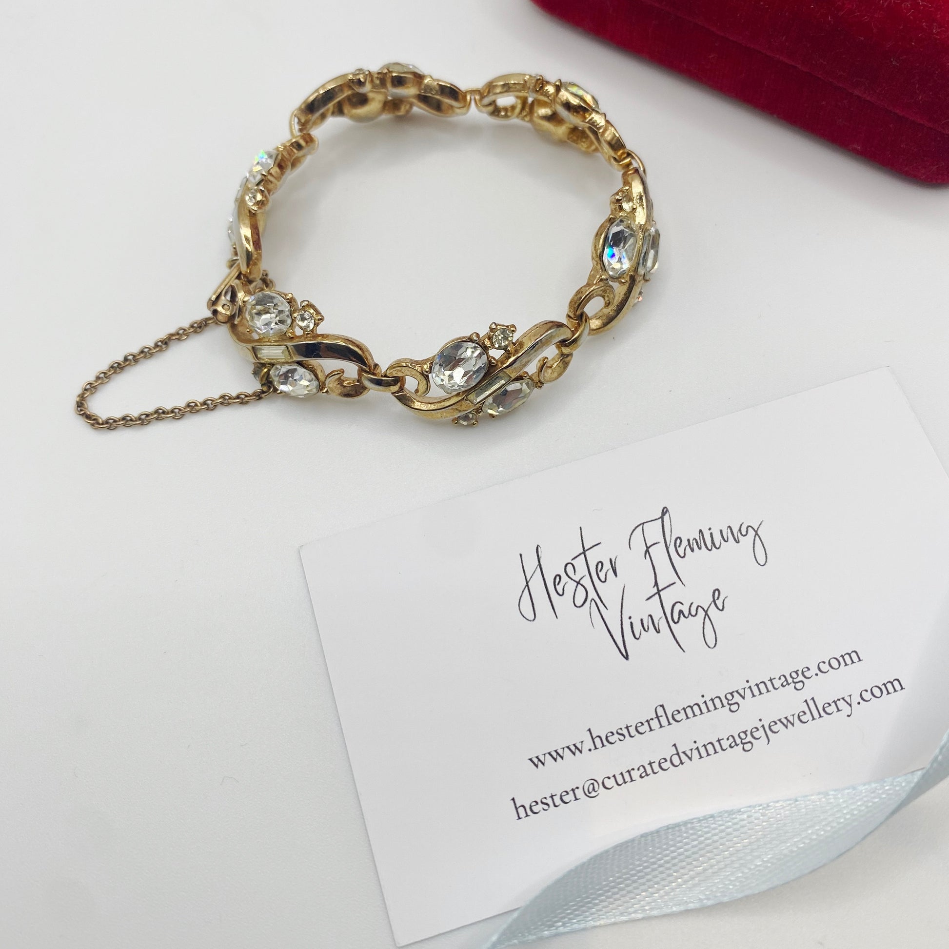 1940s Trifari vermeil bracelet with crystal stones, signed TRIFARI PAT PEND. 
