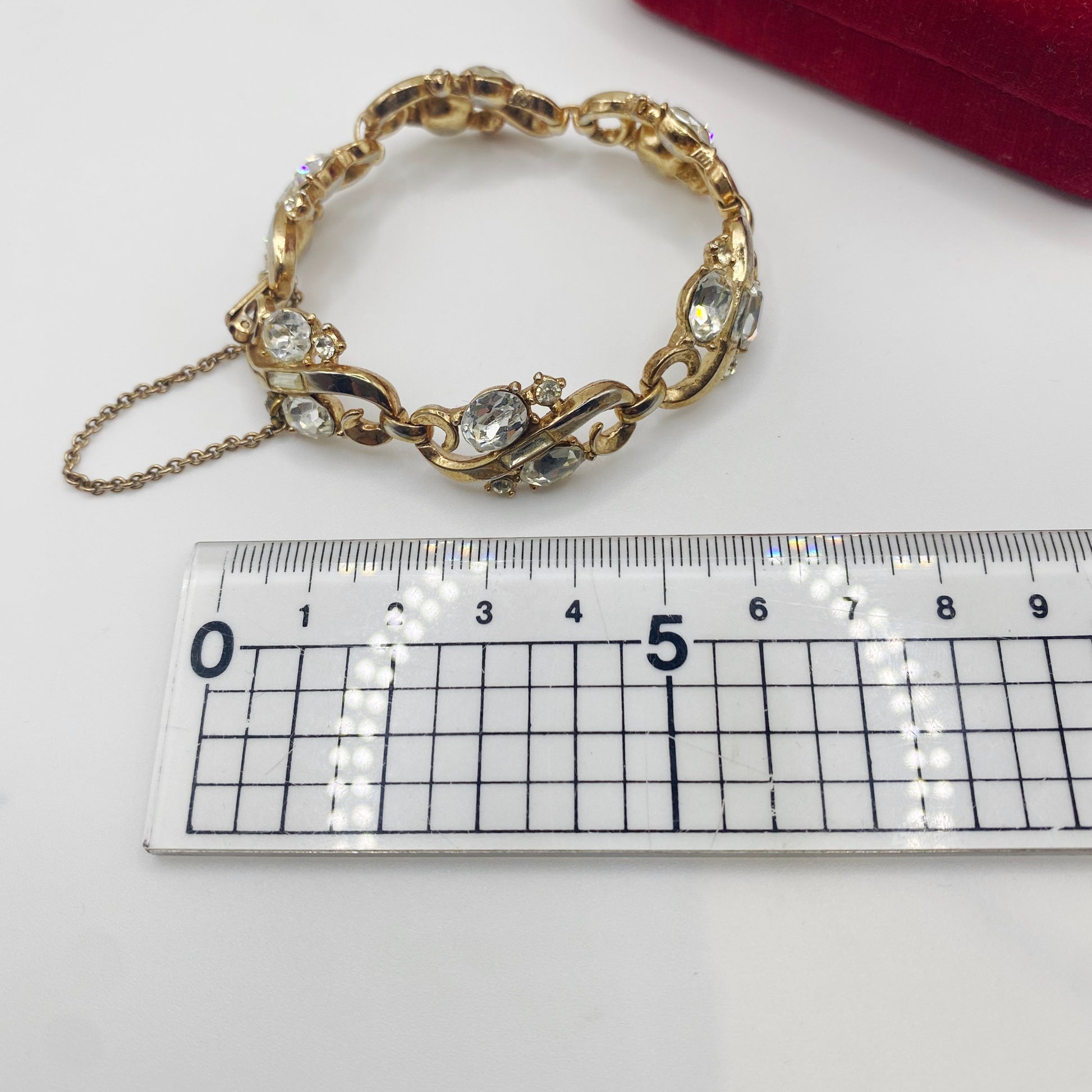 1940s Trifari vermeil bracelet with crystal stones, signed Trifari PAT PEND.