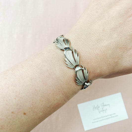 Vintage 1950s Trifari silver leaf bracelet in silvertone metal, signed Crown Trifari.