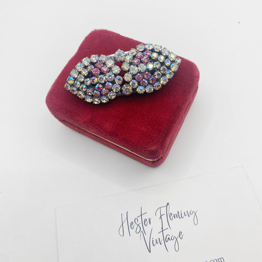 1950s AB Crystal Brooch on small box for scale. This brooch also converts to dress clips. 