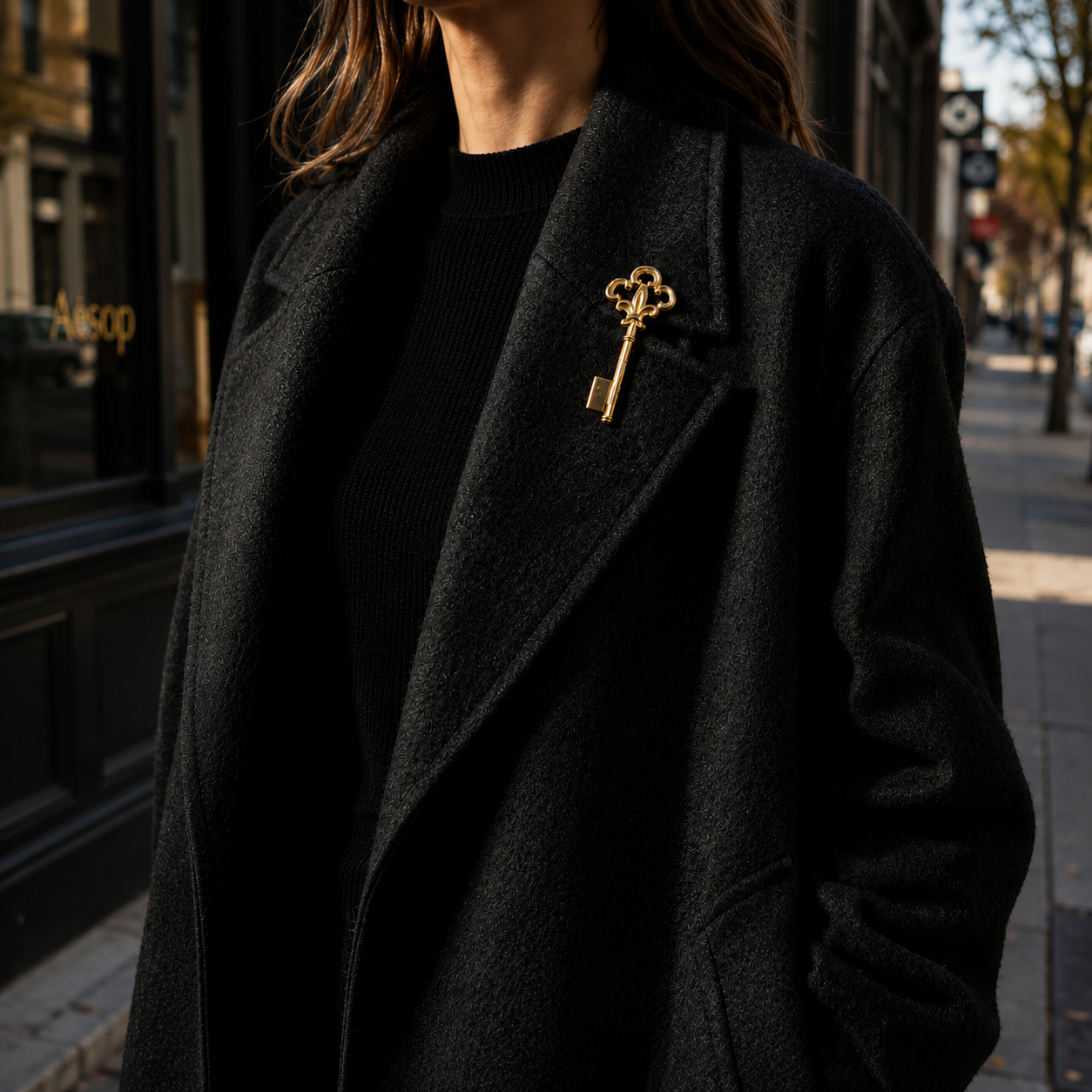 Coro Brooch styled on black cashmere jacket. Worn by a model on a Melbourne street.