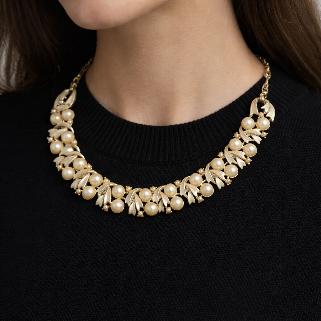 1950s Coro necklace, styled with a fine black knit. 