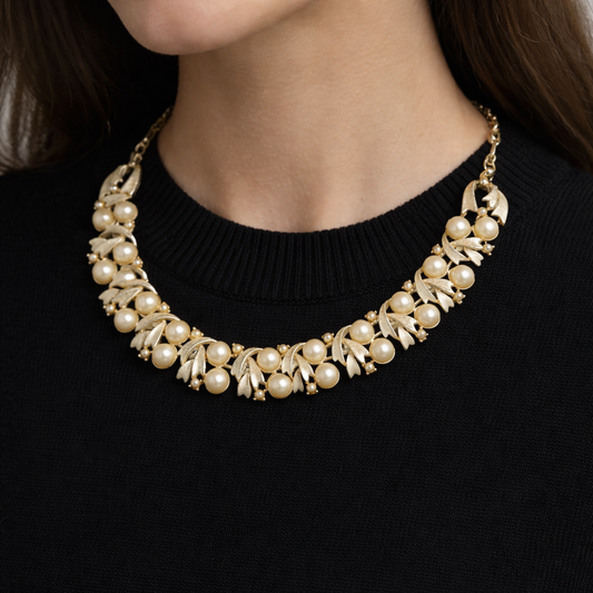 1950s Coro necklace, styled with a fine black knit. 