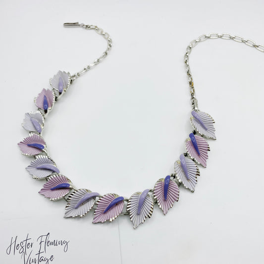 1950s Enamel leaf Coro necklace, close up detail shot. 