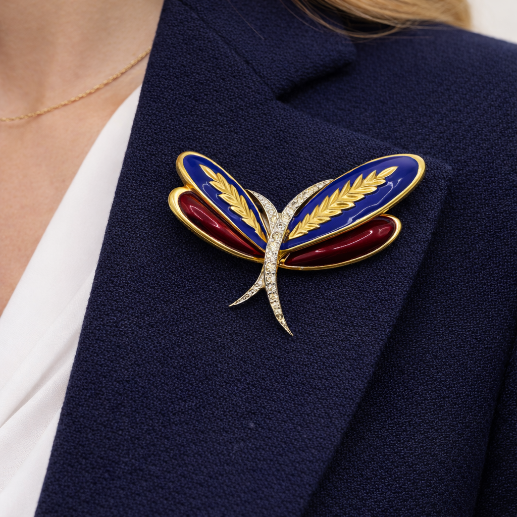 1960s 1970s Vintage Jomaz Brooch, styled on a navy jacket. 