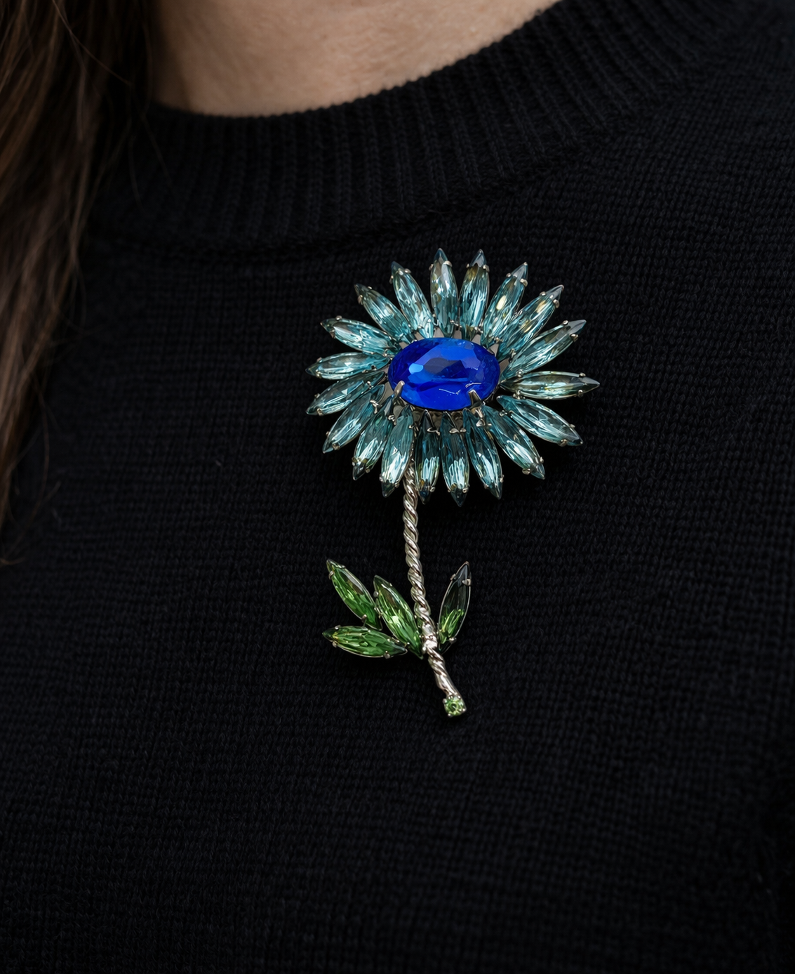 1960s Floral Rhinestone Brooched, styled on a black knit. 
