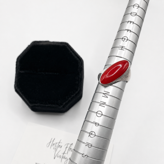 Vintage 1960s MOD Space Age Ring on ring sizer for measurement.