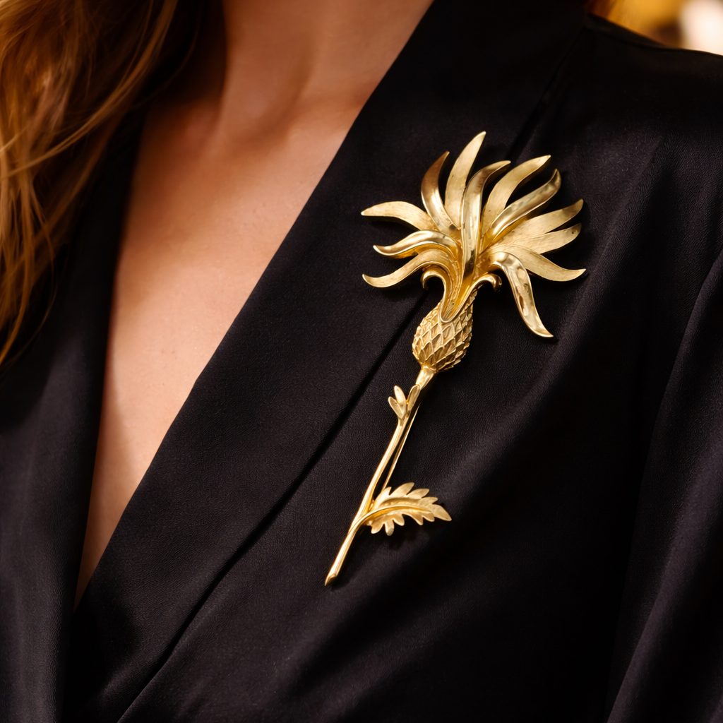 1960s Trifari Gold Tropical Flower Brooch, styled on a silk black dress. 