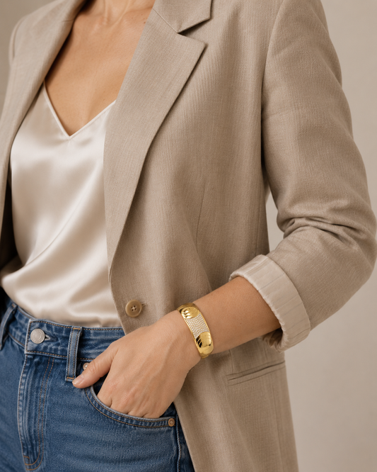 Vintage Chr Dior, hinged bangle styled on a smart casual model. 