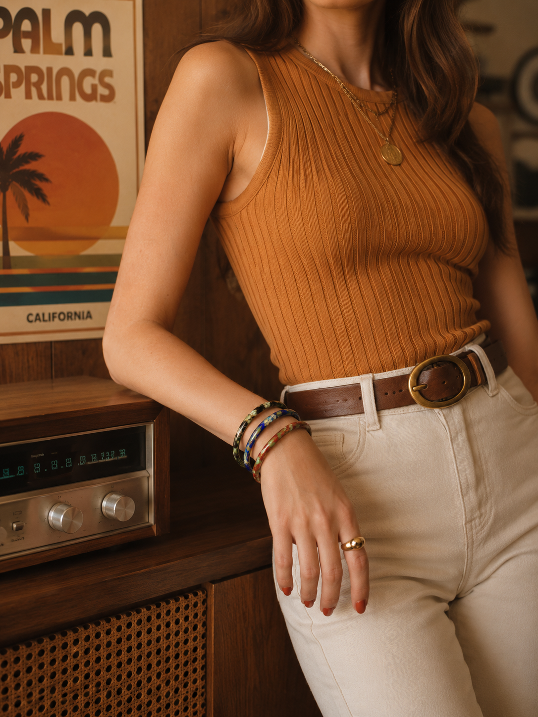 1970s, Retro Palm Springs. Vintage Cloisonne Bangles - styled on a model.