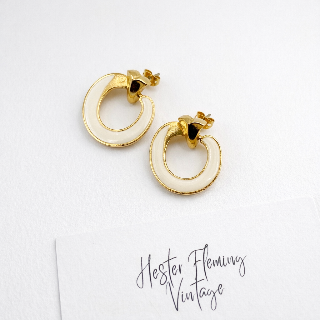 1970s Cream Enamel Earrings, for pierced ears. 