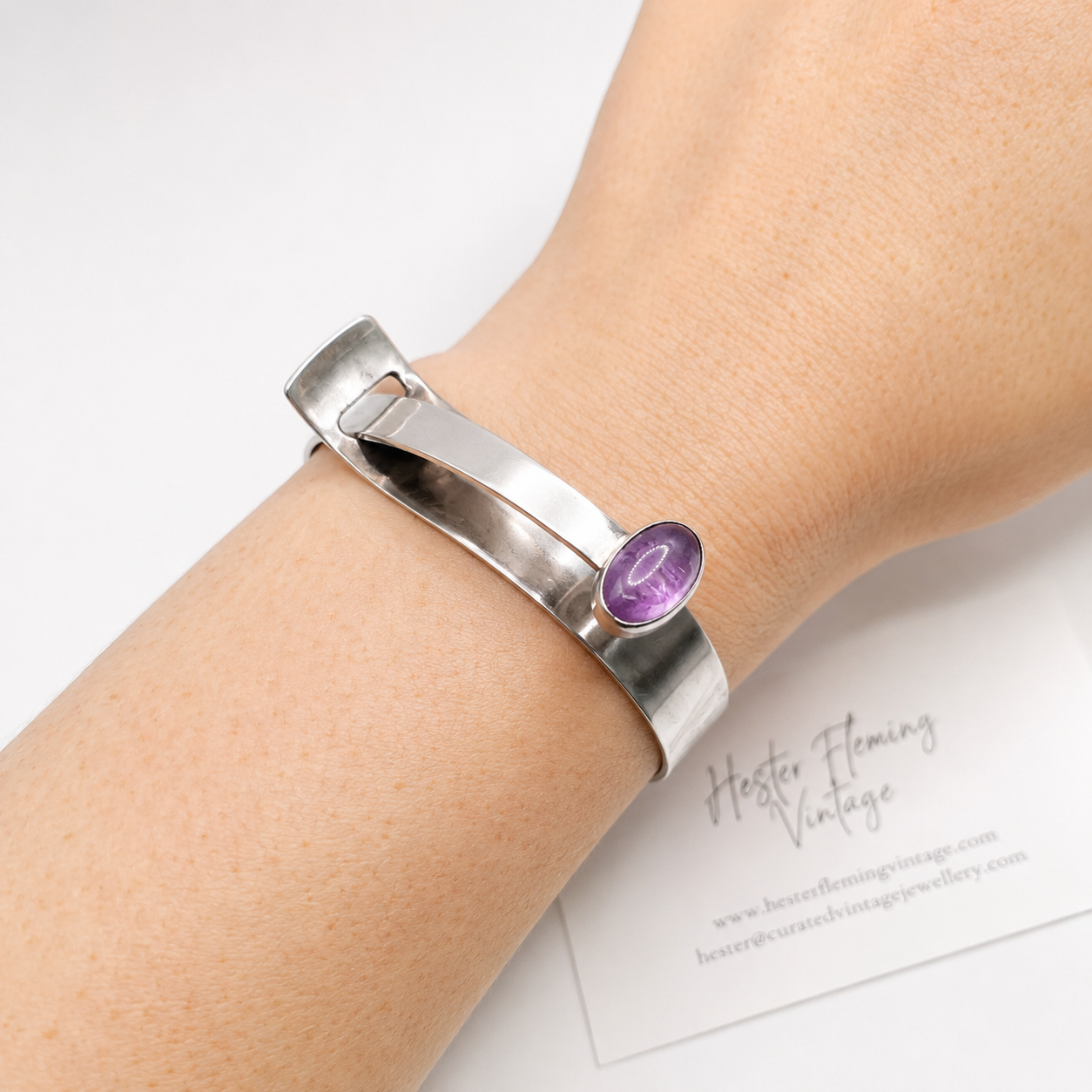 1970s Sterling Silver & Amethyst Bangle. Modernist design. Scandinavian. 