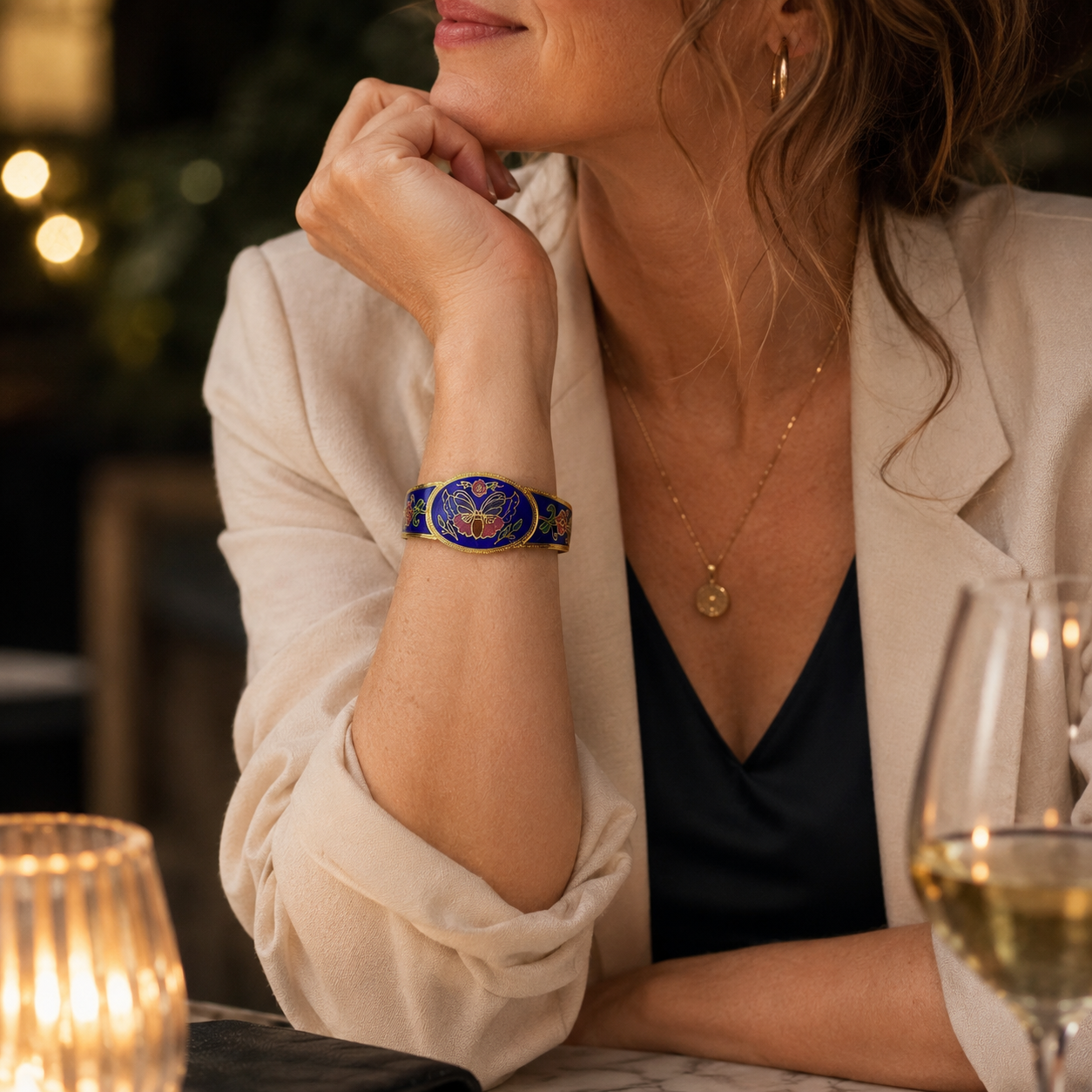 Vintage 1980s Cloisonne Bangle, styled on a model in a restaurant.