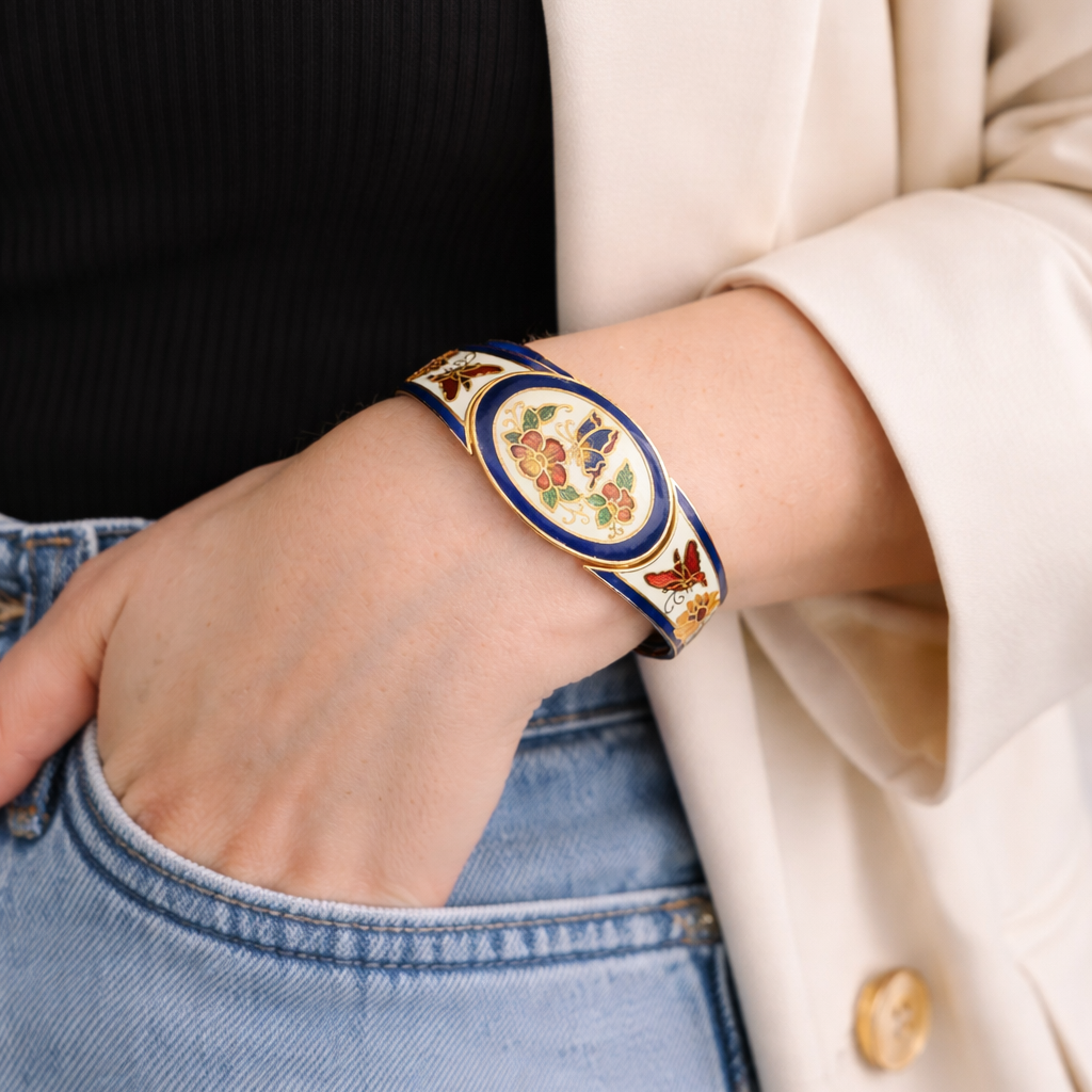 1980s Cloisonne bangle styled with contemporary fashion