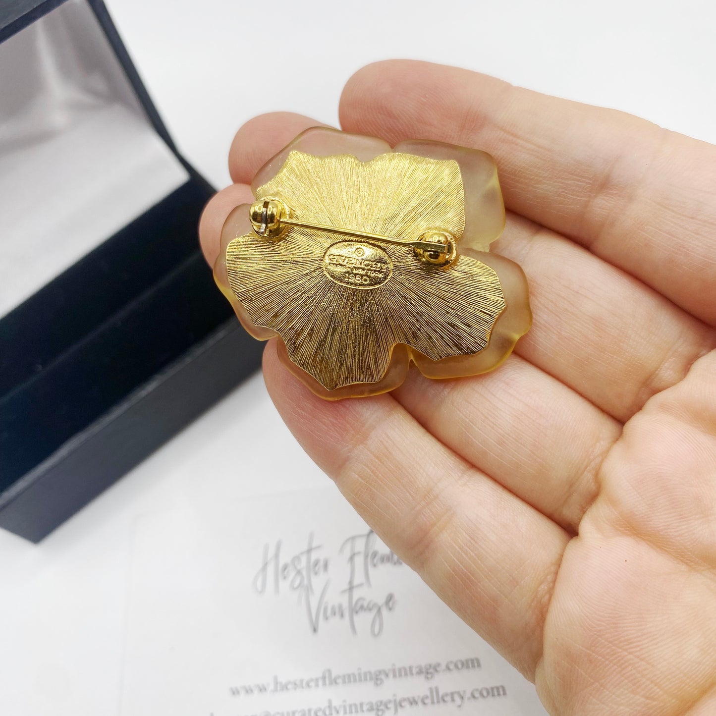 Back of 1980s Givenchy Pansy Brooch.