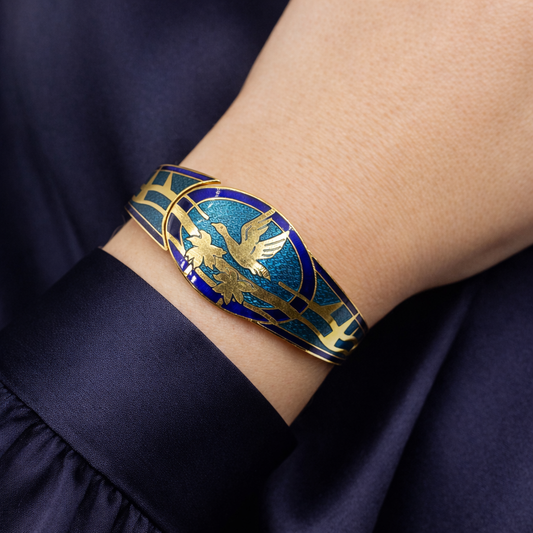 1980s Vintage Cloisonne Bangle Hinged Style Shot with navy silk shirt.